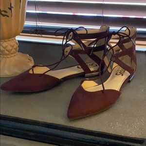 Burgundy Suede Lace Up Ballet Flats